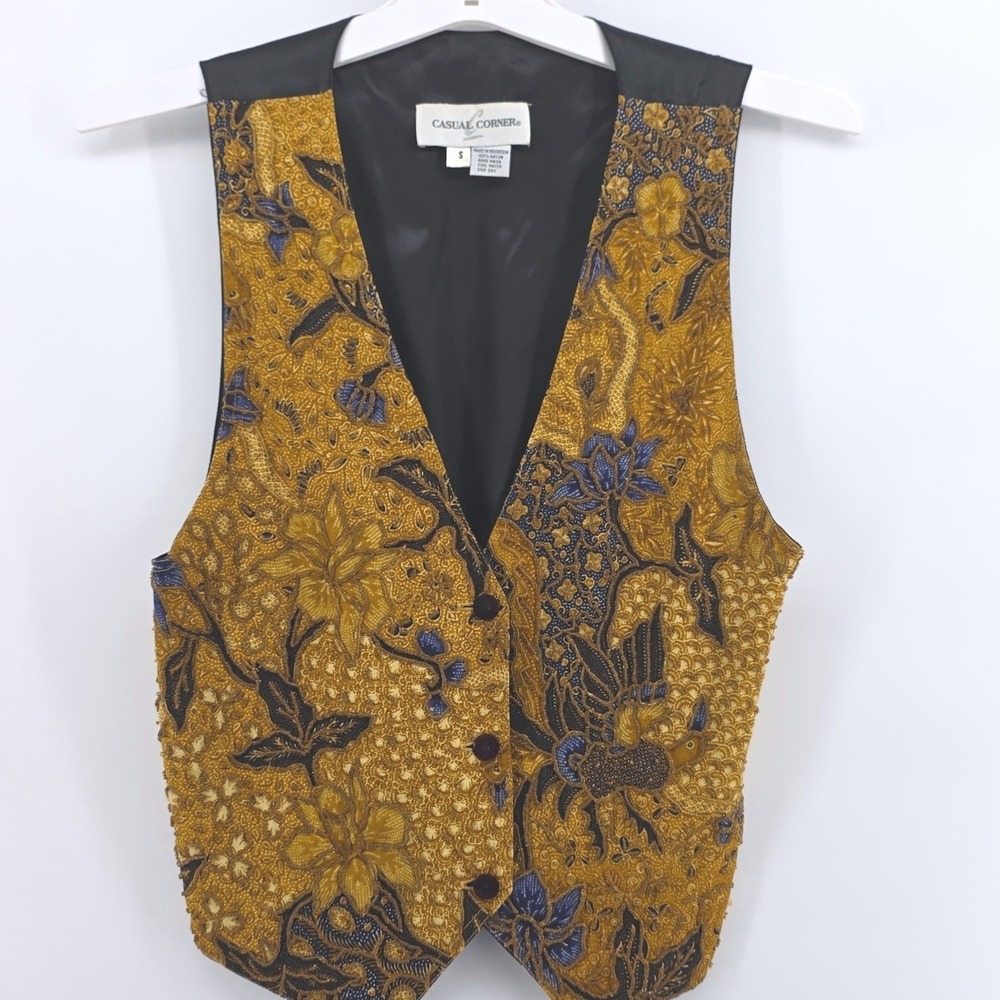 Vintage 90s Beaded Batik Vest Gold Blue Black Rayon Womens Small